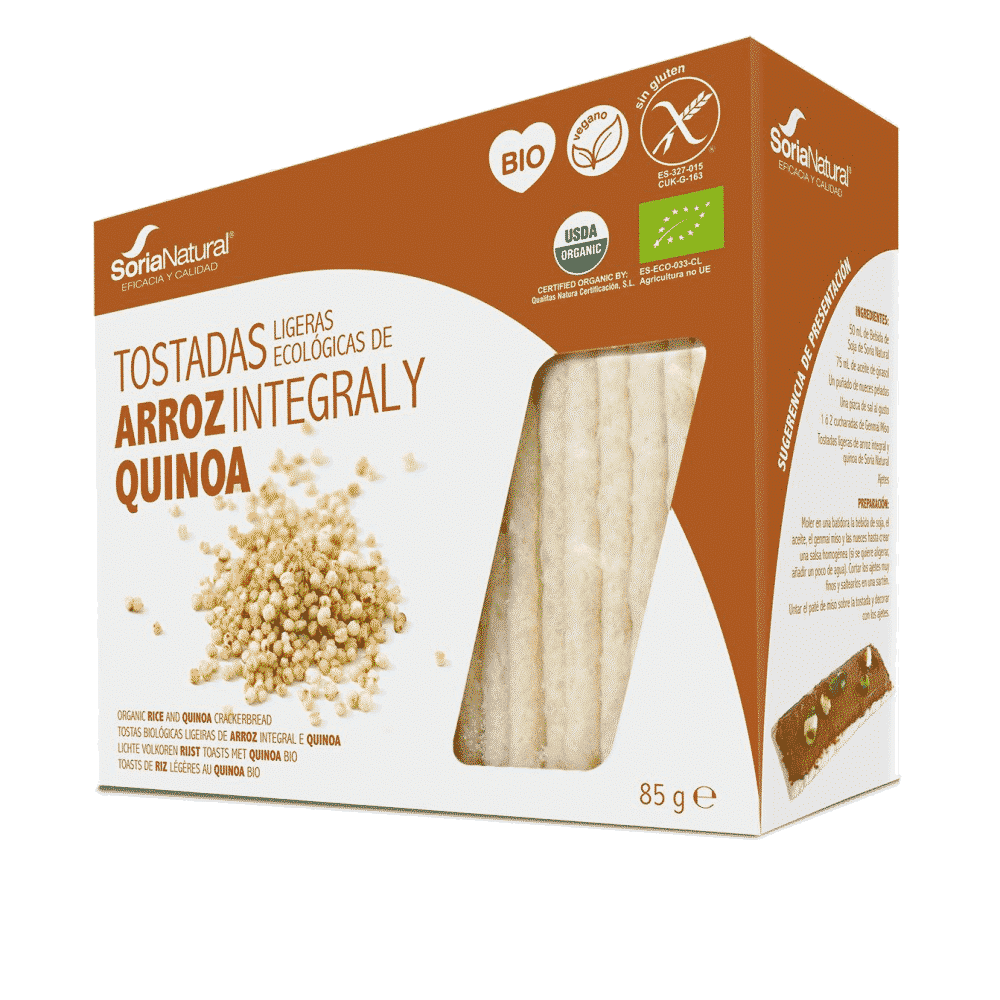 Tostas Arroz Quinoa Bio 85gr Tostas de Arroz Integral e Quinoa, com ingredientes biológicos, sem glúten, vegan