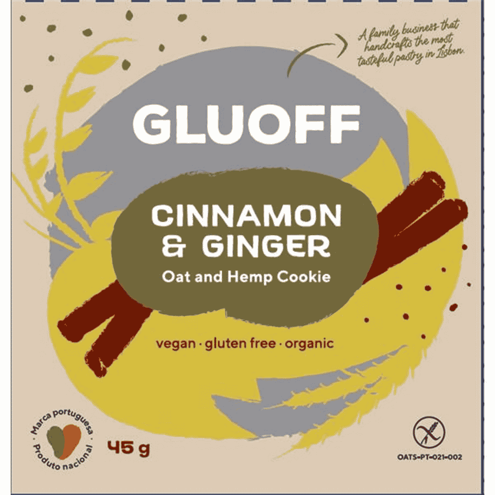 Bolacha Canela + Gengibre Bio 45gr Gluoff Bolacha de Aveia com Canela e Gengibre, ingredientes biológicos, sem glúten, vegan