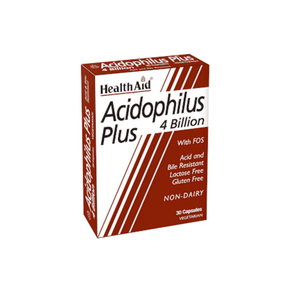 Acidophilus Plus 4 Bilioes 30 Caps HealthAid Acidophilus Plus 4 Billion, suplemento alimentar sem açúcar, sem glúten, sem lactose, vegetariano