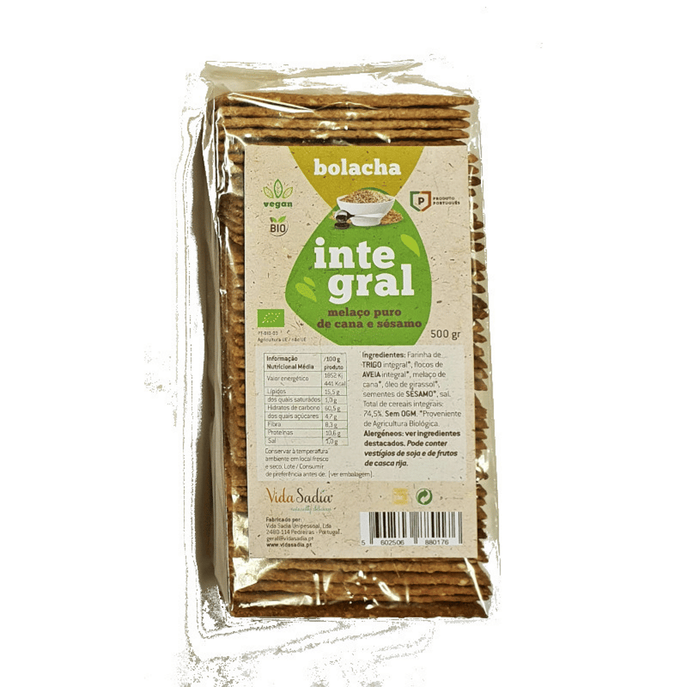 Cracker Alho Chia Manjericão 500gr Vida Sadia Bolacha Integral, com ingredientes biológicos
