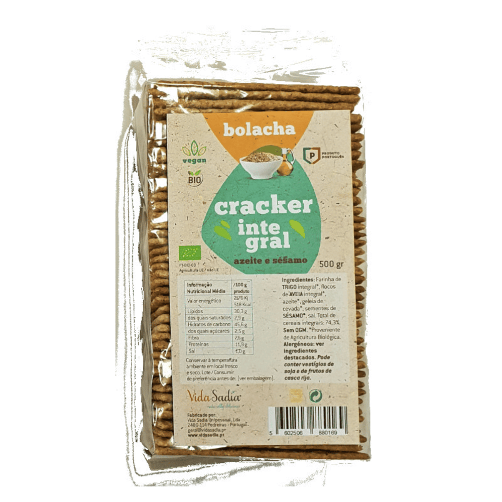 Cracker Integral c azeite e sesamo Bio 500gr Vida sadia Cracker Integral com Azeite, com ingredientes biológicos