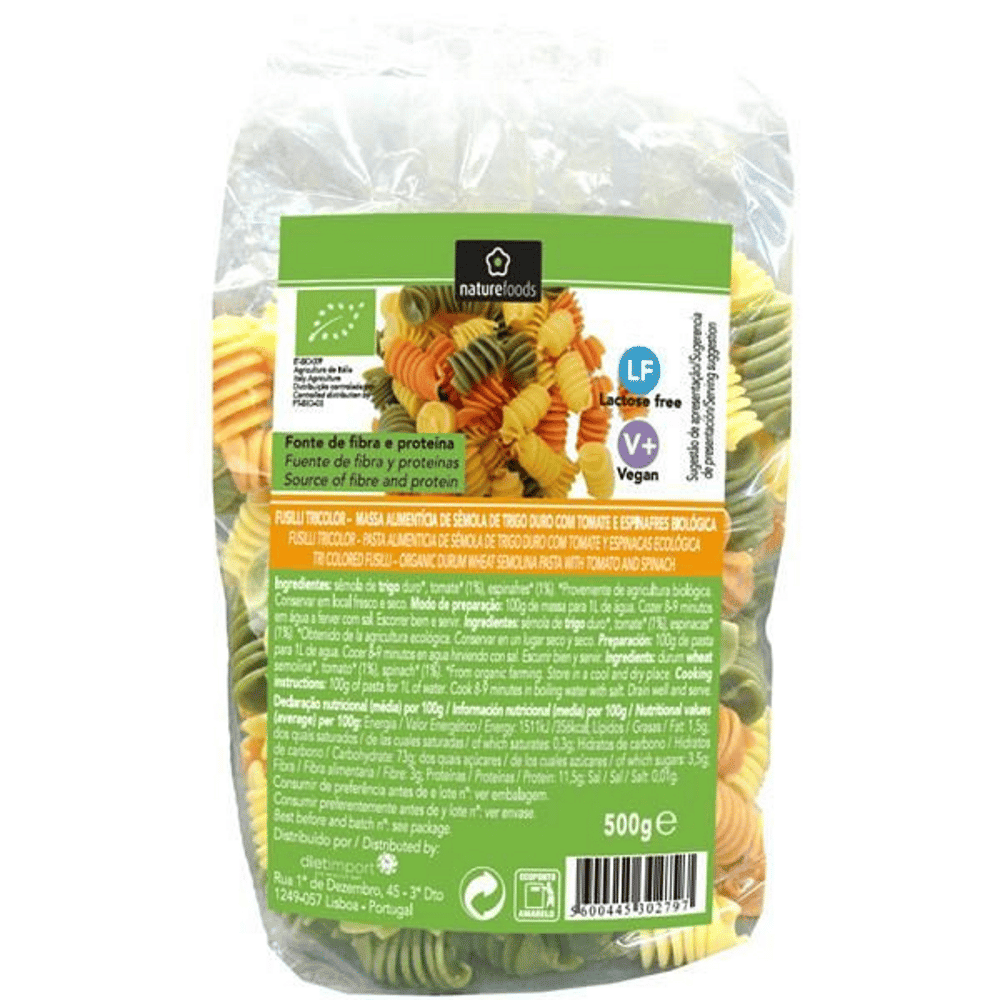 Massa fusili tricolor 500g bio vegan naturefoods Massa Fusili Tricolor, com ingredientes biológicos, sem lactose, vegan