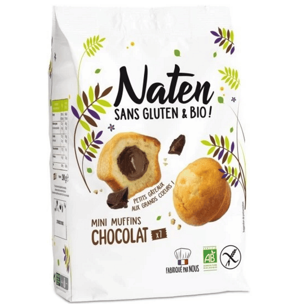 Mini Muffins com Recheio de Chocolate Bio SG 200gr Naten Mini Muffins Recheio de Chocolate, com ingredientes biológicos, sem glúten e sem lactose