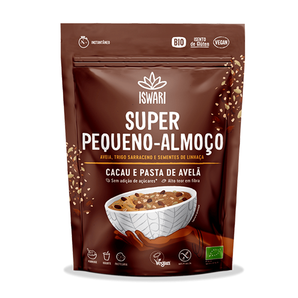Super Pequeno Almoço Cacau Manteiga de Avelã 360gr Iswari Super Pequeno Almoço Cacau e Pasta de Avelã, com ingredientes biológicos, sem glúten e adequado a vegans