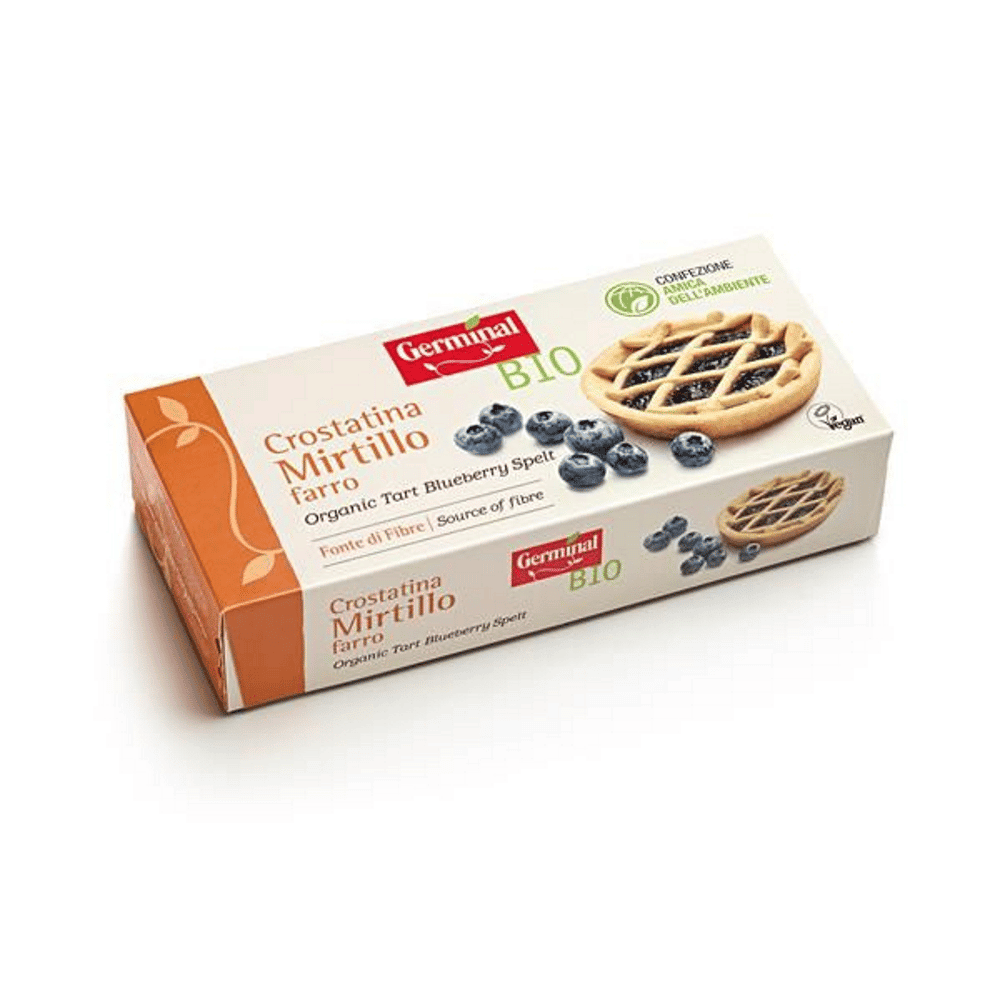 Tarte Mirtilo 4x55grs. Germinal Bio Tarte Integral com Mirtilo, com ingredientes biológicos, adequada a vegans