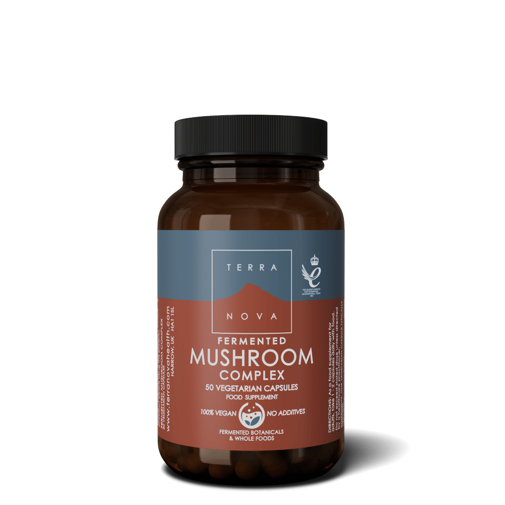 fermented mushroom complex 50vegcaps terra nova Fermented Mushroom Complex, sem glúten, adequado a vegans e vegetarianos