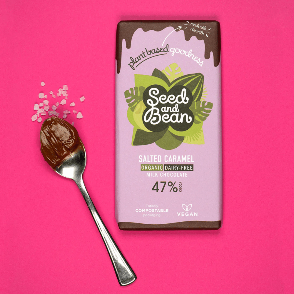 Chocolate c bebida arroz 47% c caramelo salgado 75g bio vegan Seed and Beans 2 Chocolate com bebida de arroz e Caramelo Salgado, com ingredientes biológicos, adequado a vegans