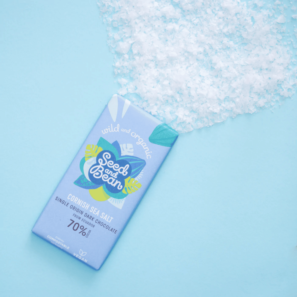 Chocolate Negro com Sal Marinho da Cornualha, com ingredientes biológicos, adequado a vegans