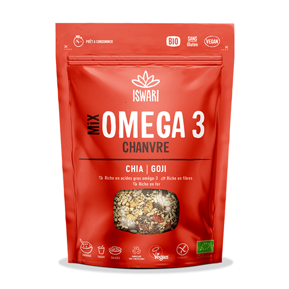Mix Omega-3 Canhamo, Chia e Goji Bio 200gr Iswari Mix Ómega 3 Cânhamo, Chia e Goji, com ingredientes biológicos, sem glúten, adequado a vegans