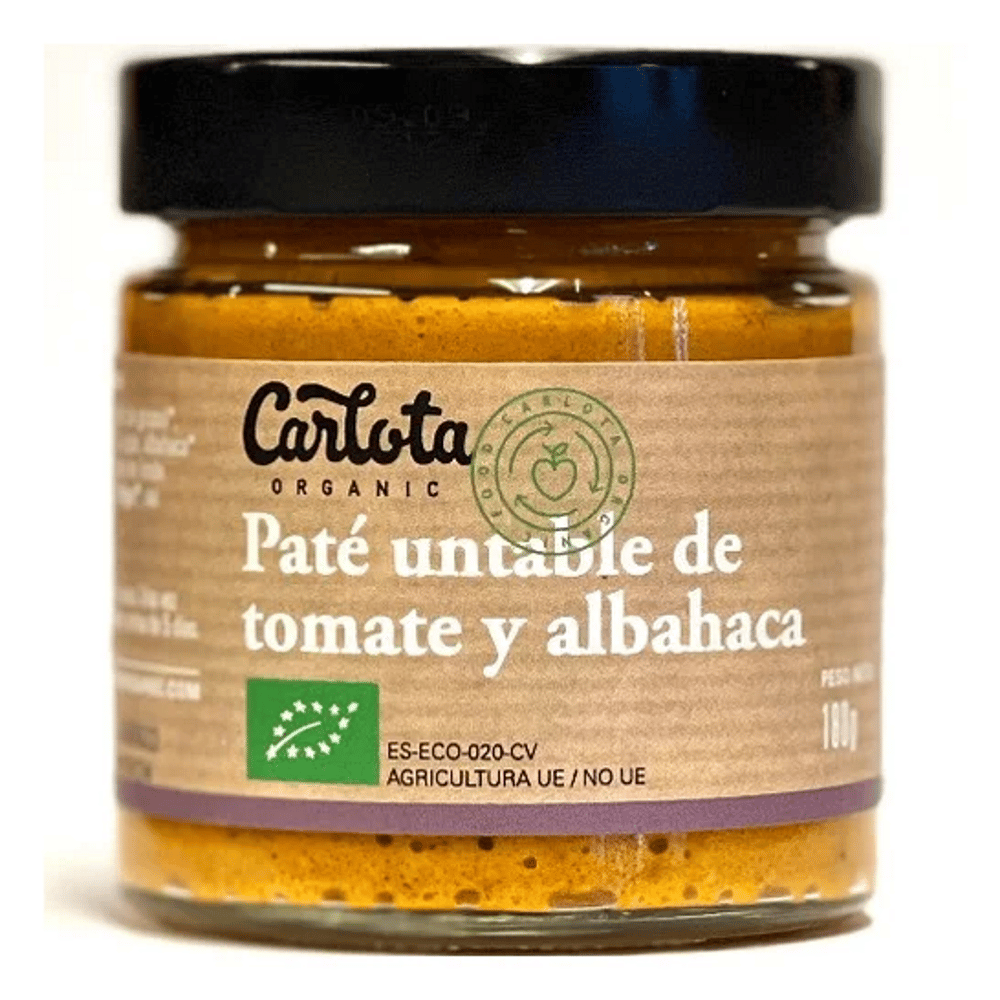 Paté de tomate e manjericão 180g bio vegan Carlota Organic Paté de Tomate e Manjericão, com ingredientes biológicos, adequado a vegans