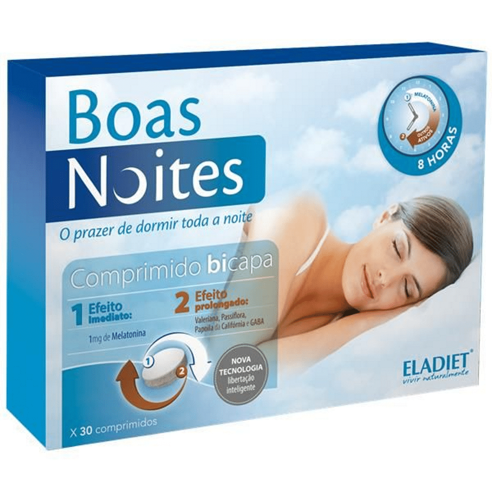 Boas Noites 30 comprimidos Eladiet Boas Noites, suplemento alimentar sem açúcar, sem glúten, sem lactose