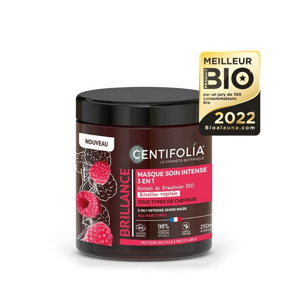 Máscara Brilho Intenso 3-em-1 250ml Centifolia Máscara Brilho Intenso 3 em 1, com ingredientes biológicos, para vegans