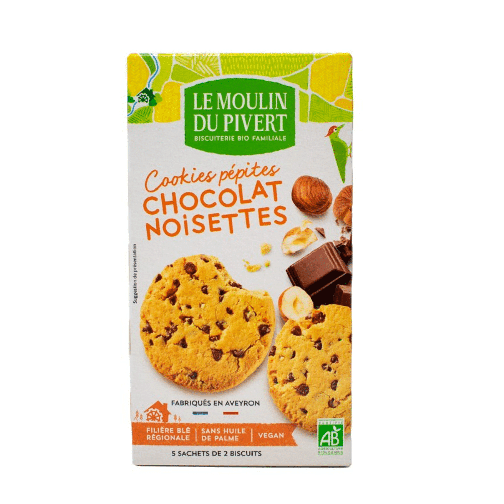 Cookies com pepitas de chocolate e avelãs Bio 175gr Cookies com Pepitas de Chocolate e Avelãs com ingredientes de origem biológica, adequado a vegans