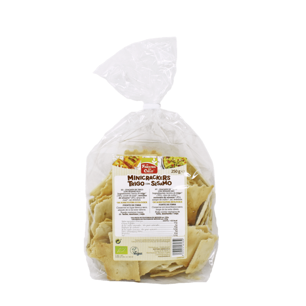 MiniCrakers C Sesamo 250gr MiniCrakers com Sésamo com ingredientes biológicos e adequada a vegans