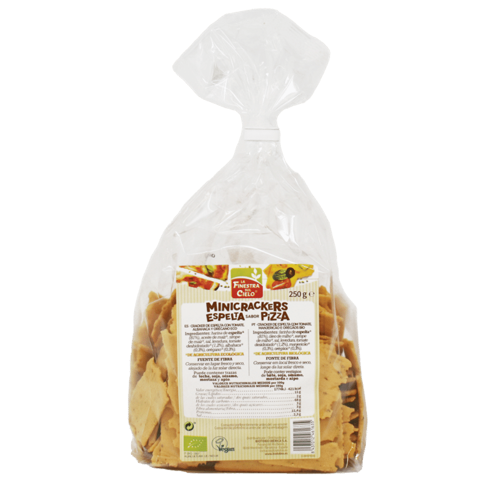 Minicrackers Espelta Sabor Pizza Bio 250gr Minicrackers de Espelta Sabor Pizza, com ingredientes de origem biológica e adequado a vegans