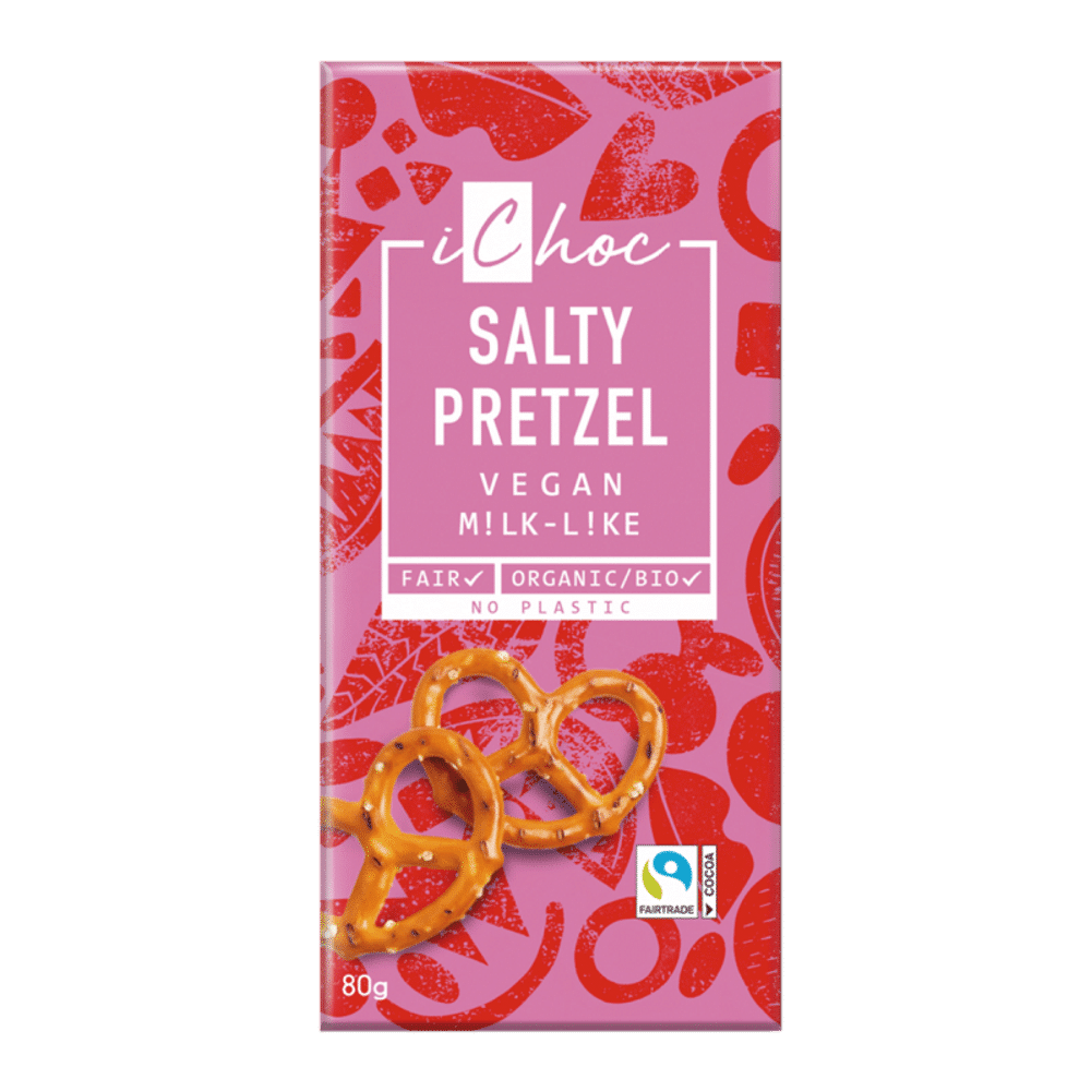 Chocolate Vegano com pedaços de pretzel 80gr iChoc Chocolate com pedaços de Pretzel adequado a vegans, com ingredientes biológicos e sem glúten
