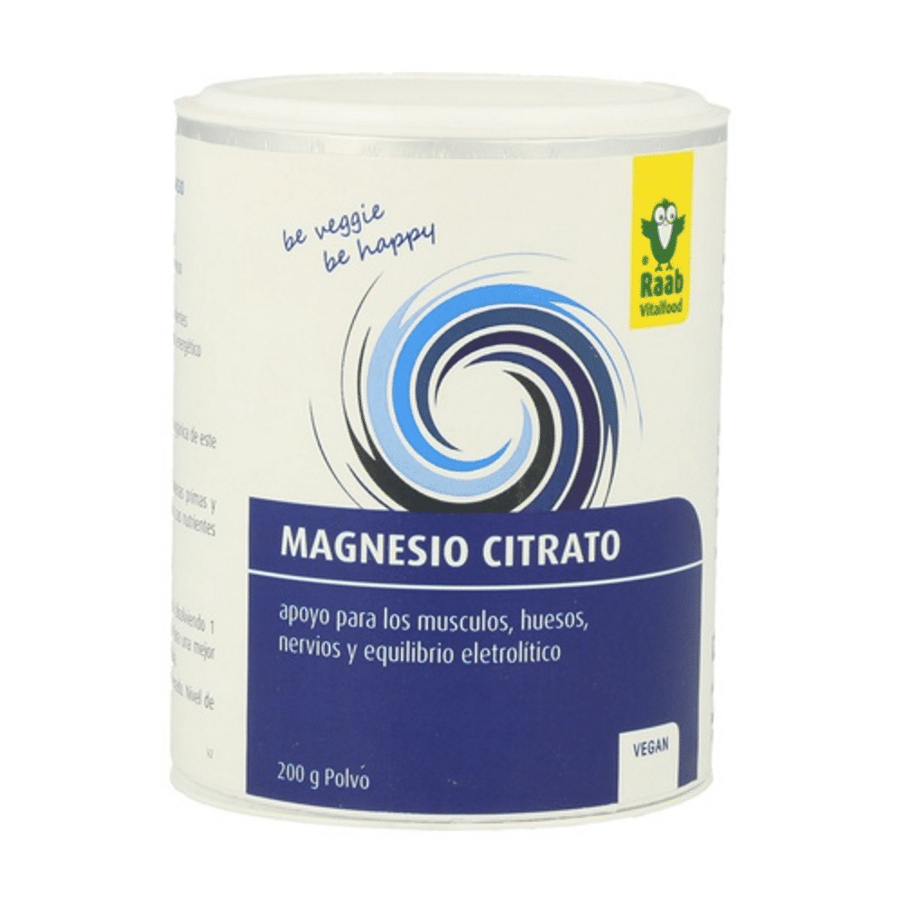 Magnesio Citrato 200gr Raab Magnésio Citrato, sem aditivos, sem glúten, sem lactose, adequado para vegans