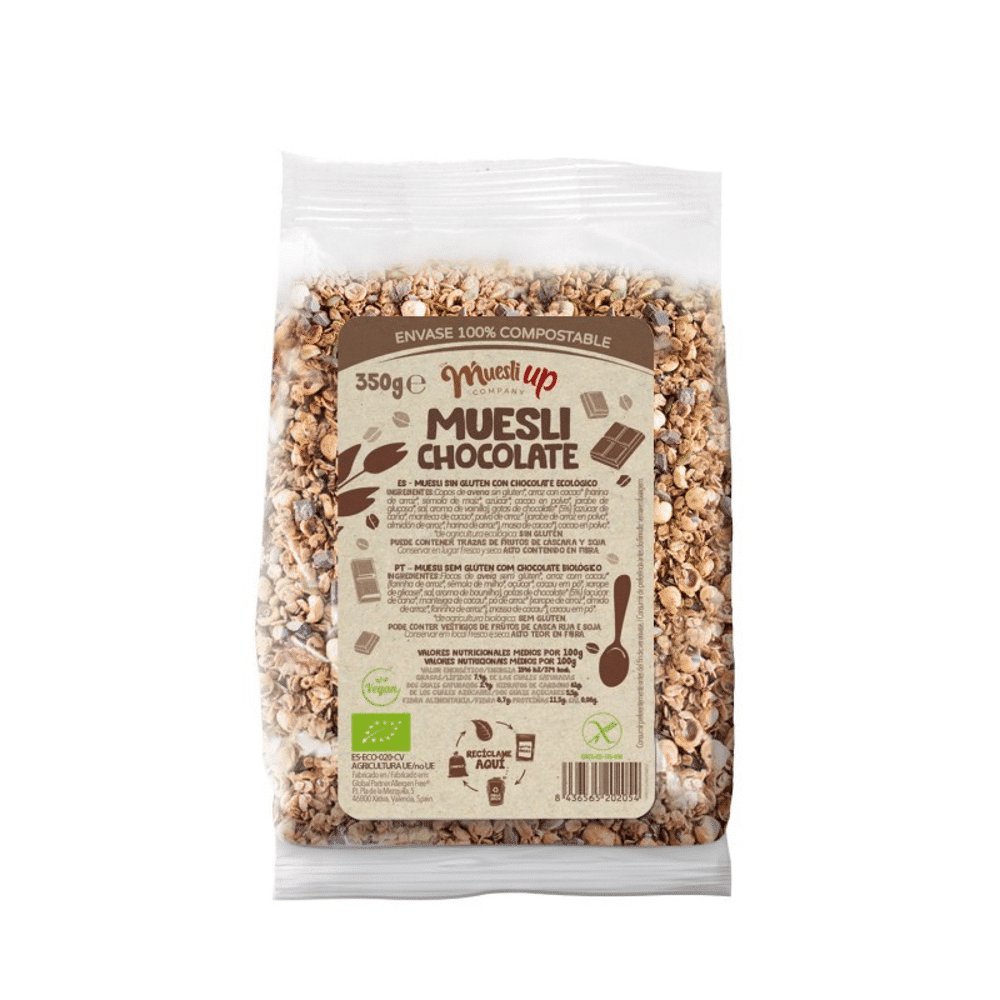 Muesli Chocolate e Coco Bio 350 grs Mueslis Up SG Muesli Chocolate e Coco, sem glúten e de ingredientes biológicos, para vegans