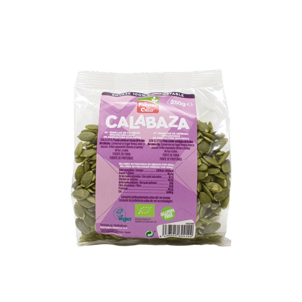 Pevides de Abobora 250gr - Finestra Sementes de Abóbora adequada a vegans, sem glúten e com ingredientes biológicos