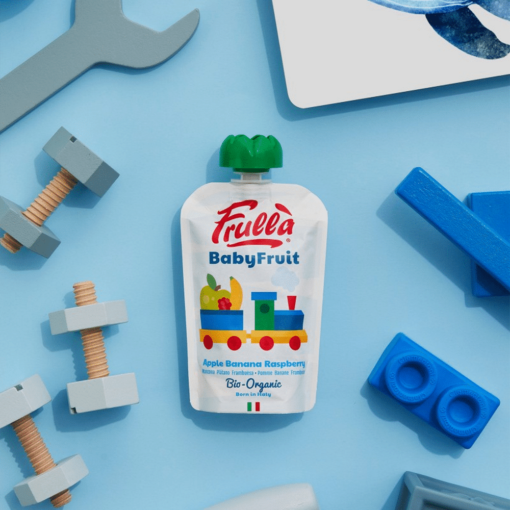 Puré de fruta Baby Maça Banana e Framboesa 100gr Frulla 2 Puré de Fruta Baby Maçã, Banana e Framboesa com ingredientes biológicos