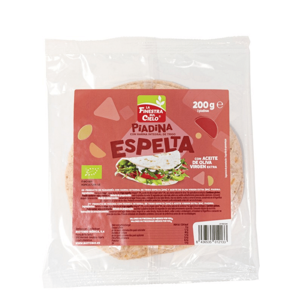 Piadina com Farinha Int de Espelta Bio vagan 200gr LaFinestra Piadina com Farinha Integral de Espelta, com ingredientes biológicos