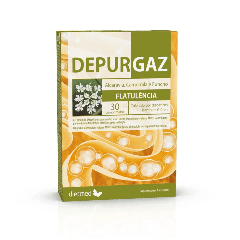 Depurgaz 30 comp Dietmed Depurgaz, suplemento alimentar sem glúten, sem lactose, sem açúcares, sem soja