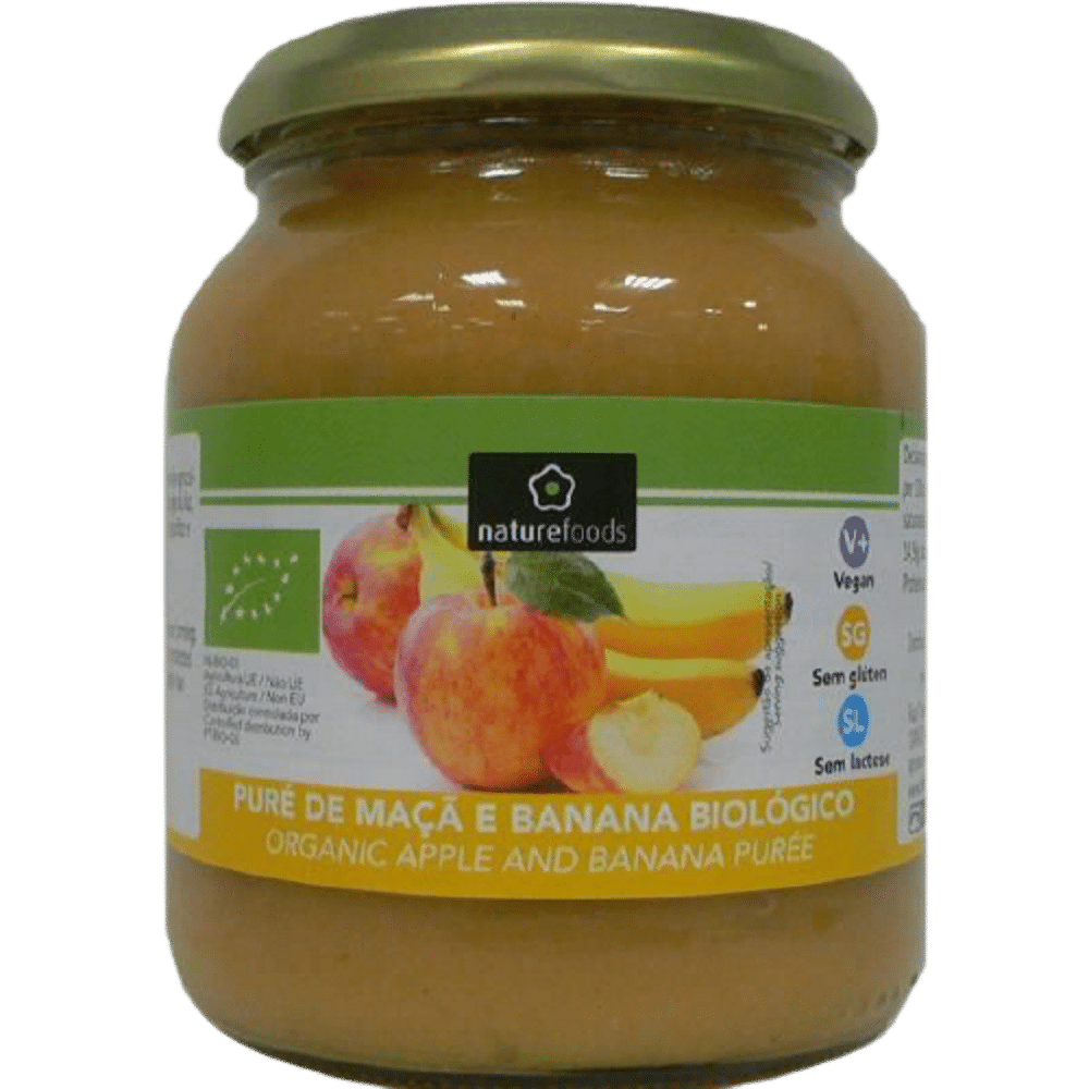 Puré Maçã Banana Bio 360 g Naturefoods Puré Maçã e Banana, biológico, sem glúten, sem lactose, vegan