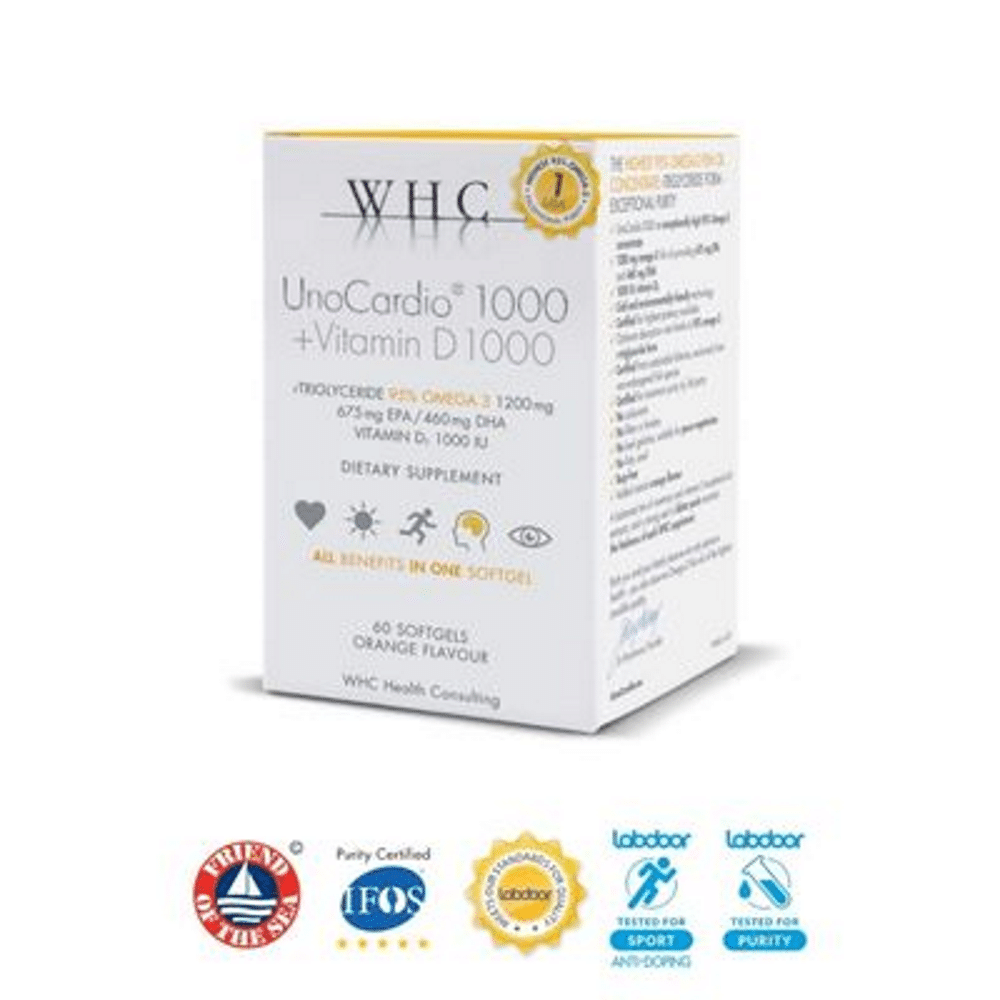 UnoCardio 1000 + Vit D 60 Caps. WHC UnoCardio 1000 + Vitamina D, suplemento alimentar sem glúten, sem lactose, sem soja