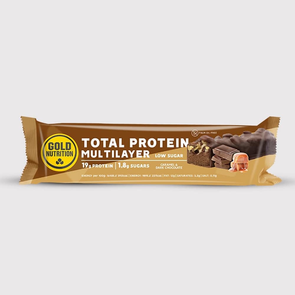 Barra Multilayer Low Sugar Caramel & Dark Choc 60 Gr. Gold Nutrition Total Protein Barra Multilayer Chocolate Negro e Caramelo