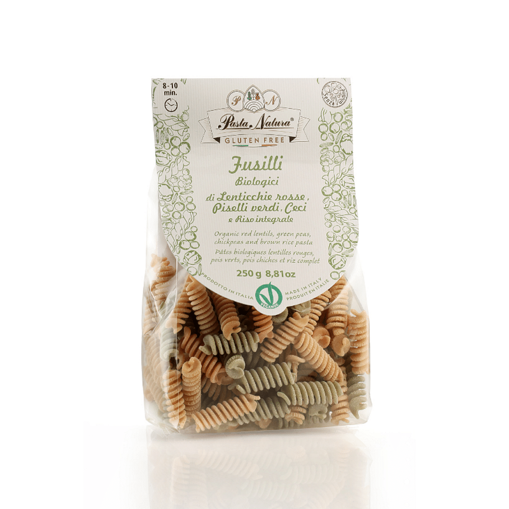 Massa Fusilli tricolor legumes bio SG 250g Pasta Natura Massa Fusilli Tricolor Legumes, ingredientes biológicos, sem glúten, vegan