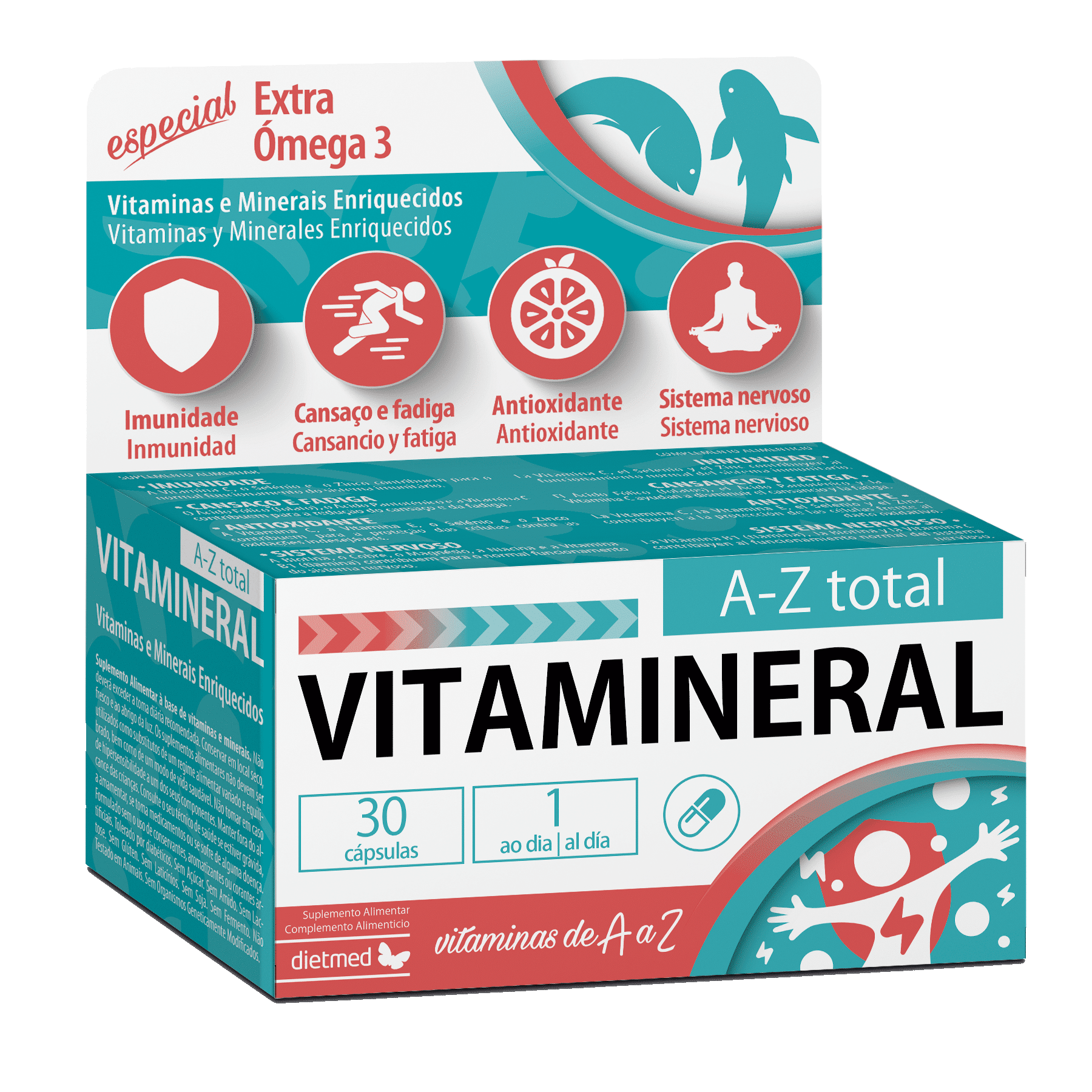 3D_Vitamineral A-Z Total caps_PT Vitamineral Extra Ómega 3, suplemento alimentar sem açúcar, sem glúten, sem lactose, sem soja