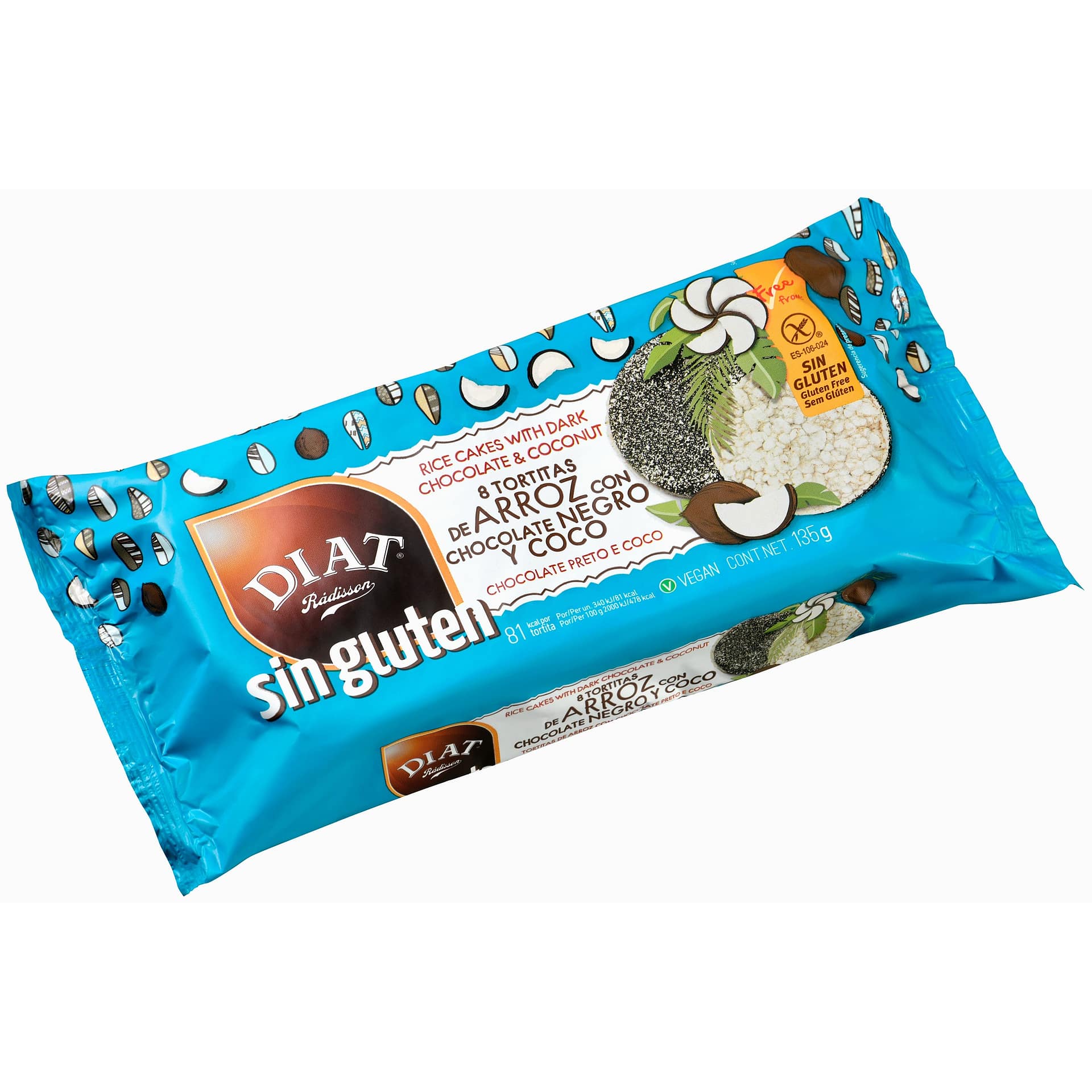 Tortita de arroz com chocolate preto e coco vegan SG 135g DIAT Radisson Tortita de Arroz com chocolate preto e côco