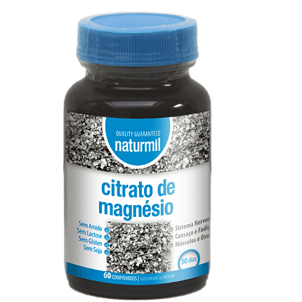 Citrato de Magnésio, suplemento alimentar sem amido, sem glúten, sem lactose, vegan