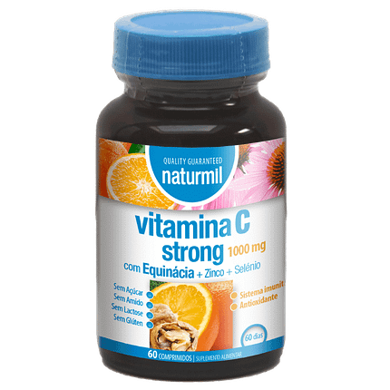Vitamina C Strong 1000mg, suplemento alimentar sem açúcar, sem amido, sem glúten, sem lactose