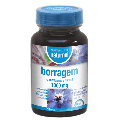 Borragem 1000mg, suplemento alimentar sem açúcar, sem amido, sem glúten, sem lactose