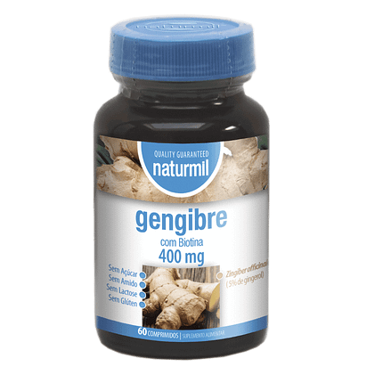 Gengibre 400mg, suplemento alimentar sem açúcar, sem amido, sem glúten, sem lactose, vegan