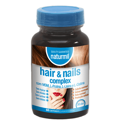Hair and Nails Complex, suplemento alimentar sem açúcar, sem amido, sem glúten, sem lactose
