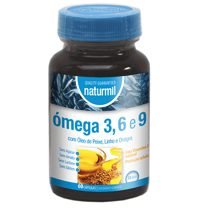 Ómega 3, 6 e 9, suplemento alimentar sem amido, sem glúten, sem lactose
