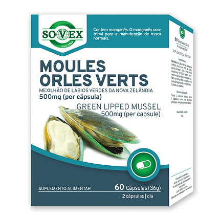 Moules Orles Verts 500 mg, suplemento alimentar sem glúten, sem lactose