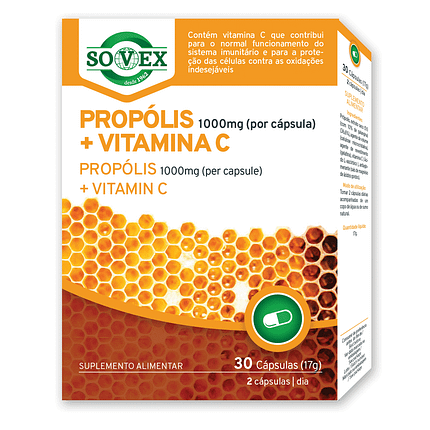 Propólis 1000 mg + Vitamina C, suplemento alimentar sem glúten, sem lactose