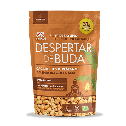 despertar de buda amendoim e banana 360g bio frente iswari