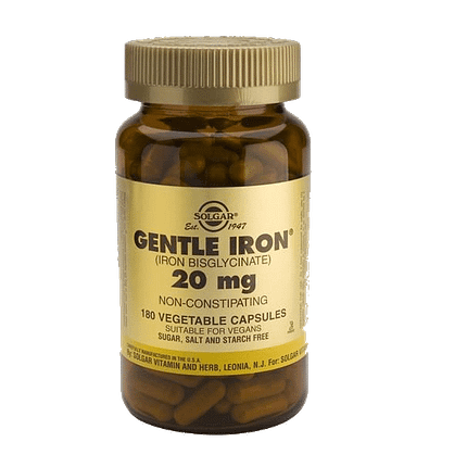 Ferro 20 mg, suplemento alimentar sem açúcar, sem glúten, sem sal, vegan