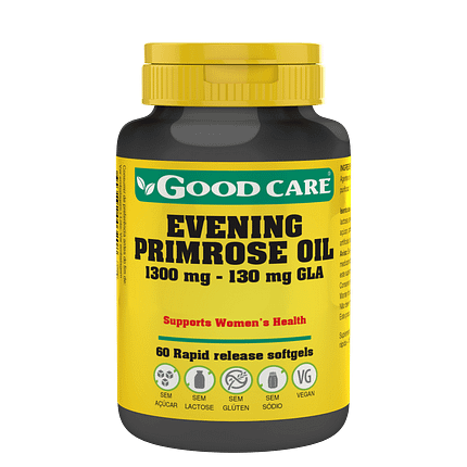 Evening Primerose 1300 mg, suplemento alimentar sem açúcar, sem glúten, sem lactose, vegan