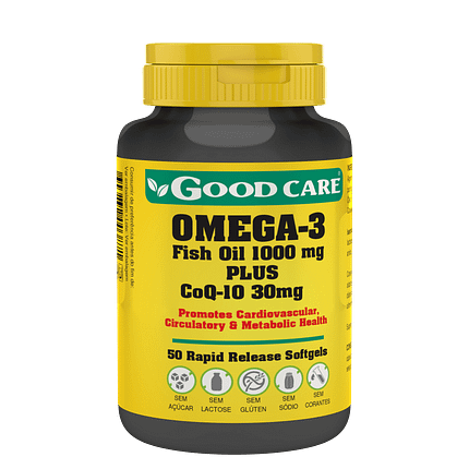 Omega 3 + Co-Q10, suplemento alimentar sem açúcar, sem glúten, sem lactose