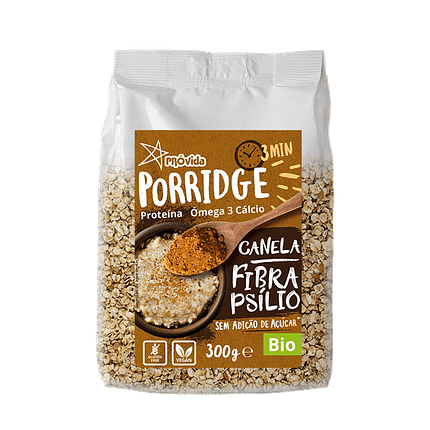 Porridge (Papas Aveia) Canela e Fibra Psílio, biológico, sem açúcar, sem glúten, vegan