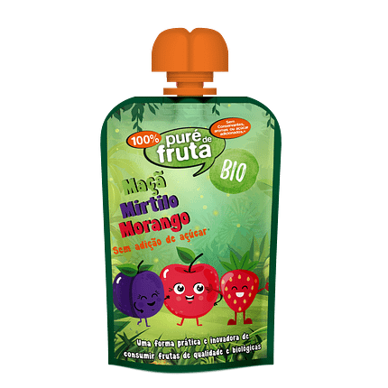 Puré Fruta Doypack Maçã, Mirtilo e Morango, biológico, sem açúcar, sem glúten