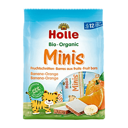 Barras Mini de Banana e Laranja, com ingredientes biológicos, vegan, vegetariano, sem lactose