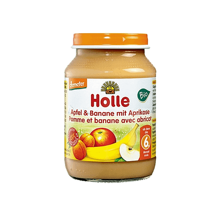 Puré de Maçã, Banana e Alperce, com ingredientes biológicos, sem glúten, sem lactose, vegan e vegetariano