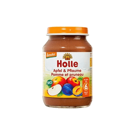 Puré de Maçã e Ameixa, ingredientes biológicos, sem glúten, sem lactose, vegan e vegetariano