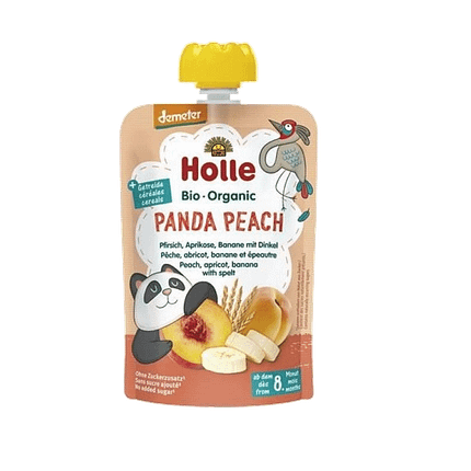 Puré Saqueta Pêssego + Alperce + Banana + Trigo Espelta, com ingredientes biológicos, sem glúten, sem lactose, vegan e vegetariano